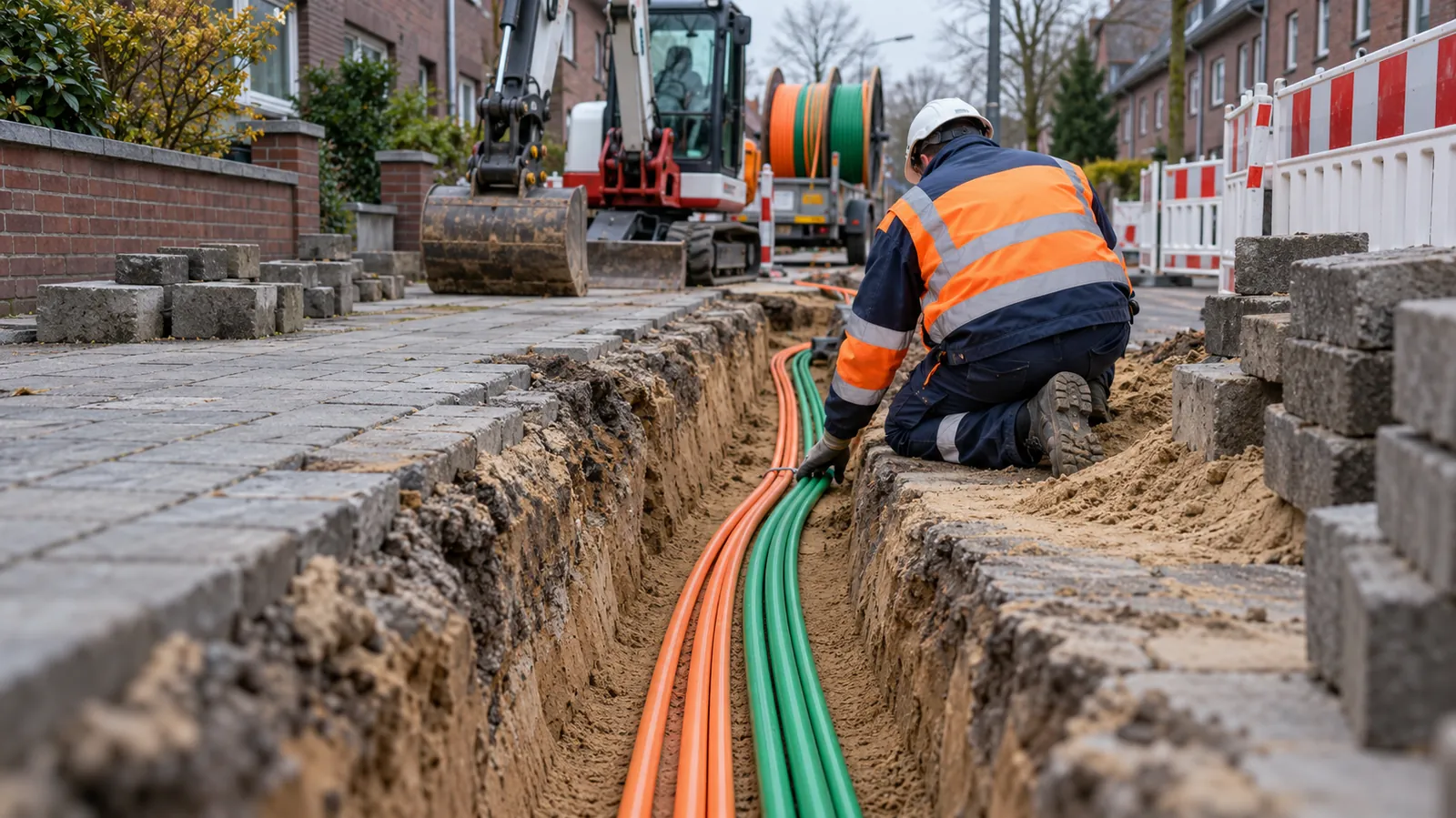 Bauarbeiter verlegt orange und grüne Glasfaser-Mikrorohre in einem Graben im Gehweg