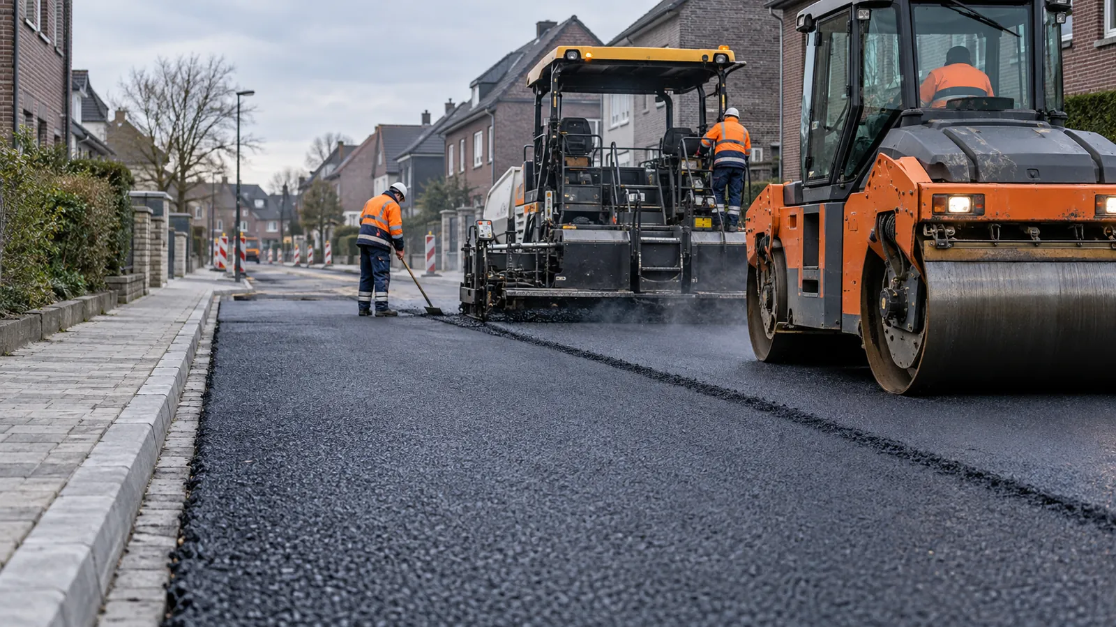 Walze und Fertiger beim Einbau von frischem Asphalt auf einer Wohnstraße